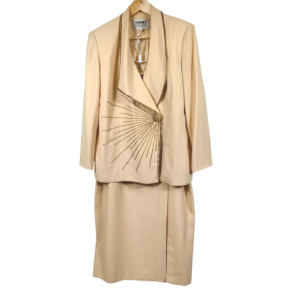 Night Studio Couture Beaded Skirt Suit 16‎ Tan Gold Vtg Mother of the Bride Lux